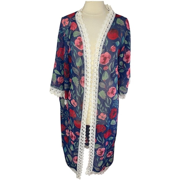LULA ROE Chloe Lace Trimmed Chiffon Floral Longline Kimono - Picture 1 of 8